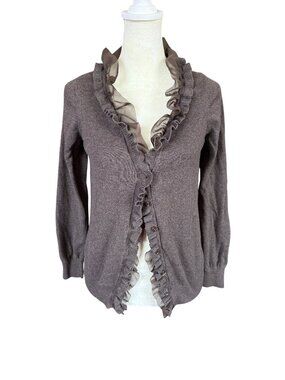 Ann Taylor women's brown long sleeve button down sweater chiffon trim size M